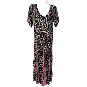 Vtg 90s Nostalgia Maxi Dress~S~Black Floral Gored Skirt Tie back Short Sl Grunge